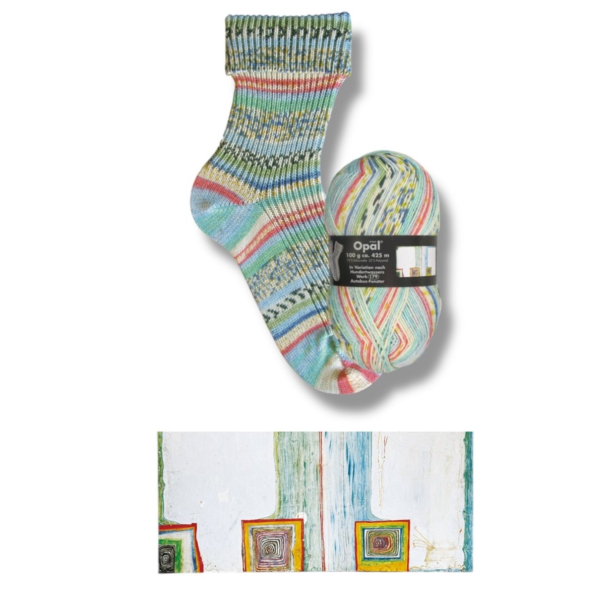 Opal SOCKENWOLLE NACH HUNDERTWASSER - BONIFAKTUR - 2101 Autobus - Fenster - in Variation nach Hundertwasser - Werk 179 - Opal SOCKENWOLLE NACH HUNDERTWASSER